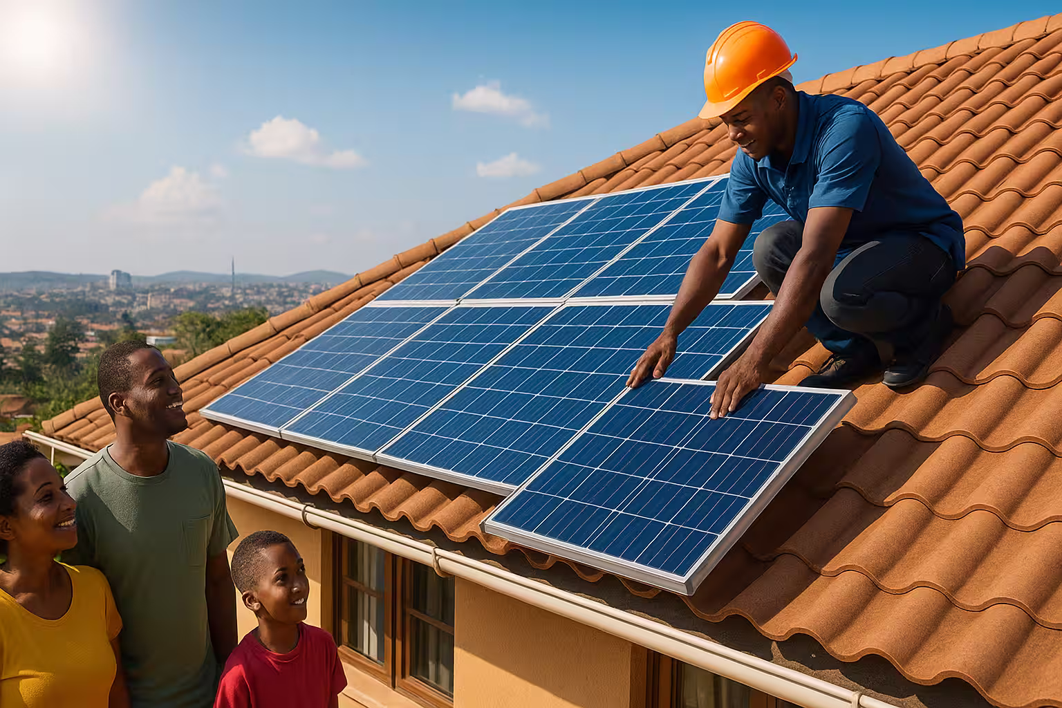 Buying solar products in Kampala - Solar expert installing solar panel in Uganda