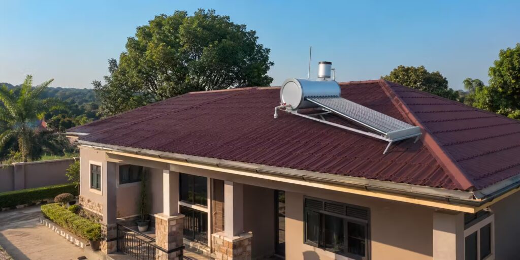 Solar water heater with evacuated tube collector installed on a residential rooftop in Kampala Uganda