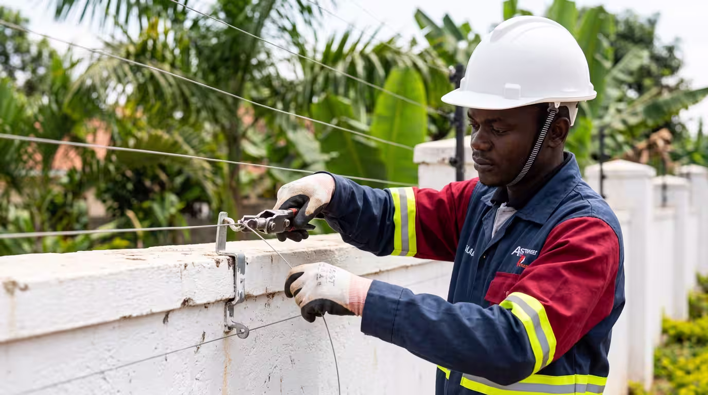 Easy Power technician installing electric fence strands on a residential compound wall in Uganda