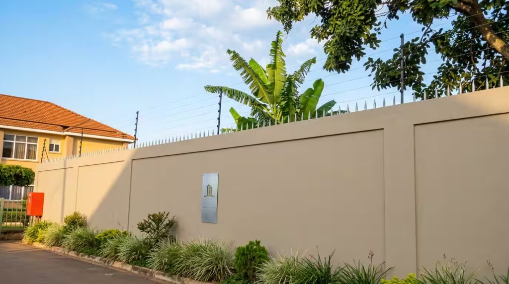Electric fence installation on a residential compound in Kampala Uganda showing 10-strand wire and warning sign