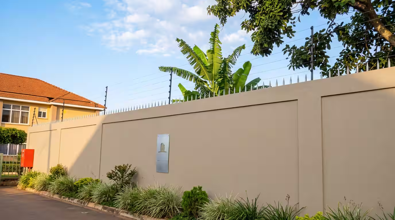 Electric fence installation on a residential compound in Kampala Uganda showing 10-strand wire and warning sign