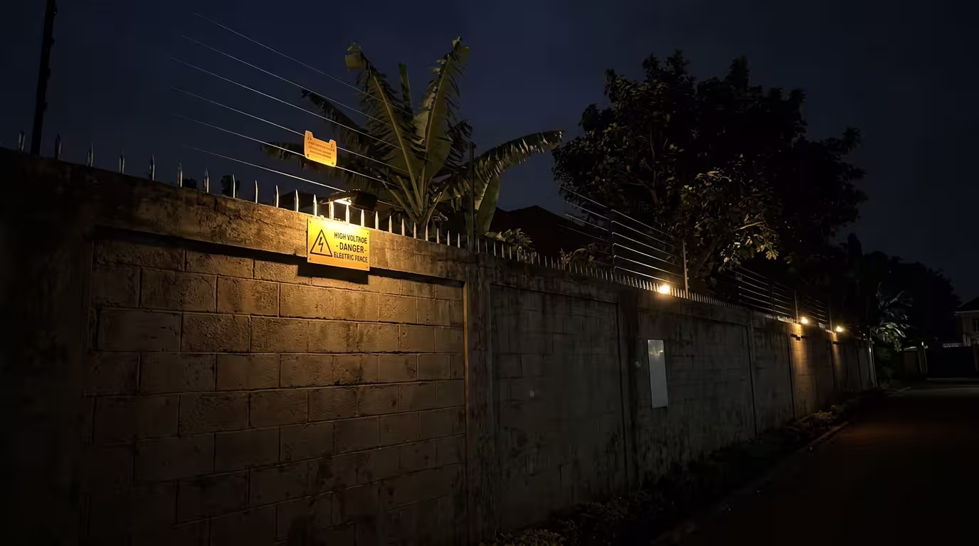 Active electric fence securing a residential compound perimeter at night in Uganda with warning signage visible