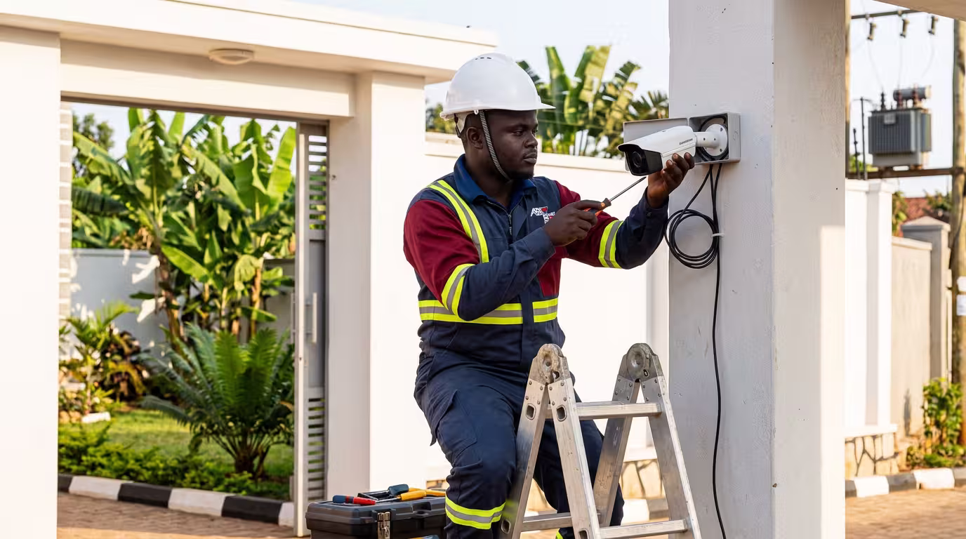 Easy Power technician installing a CCTV security camera on a residential compound wall in Kampala Uganda