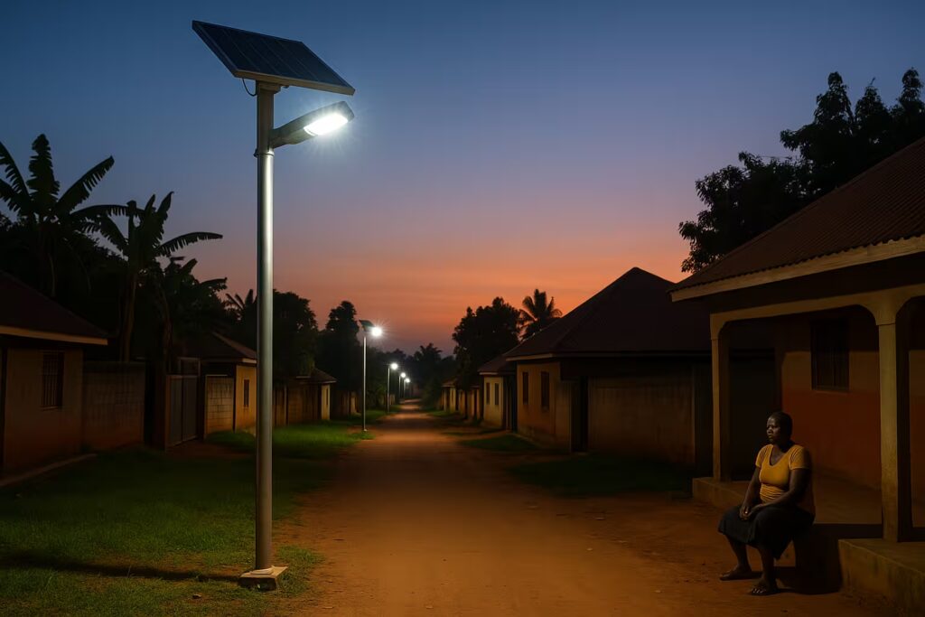solar street lights in Uganda installed in a community