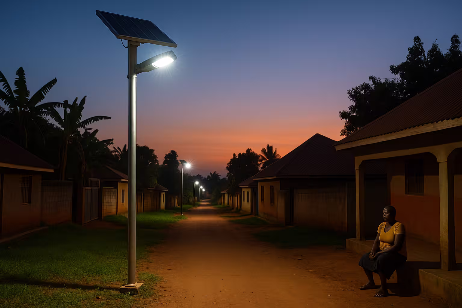 solar street lights in Uganda installed in a community
