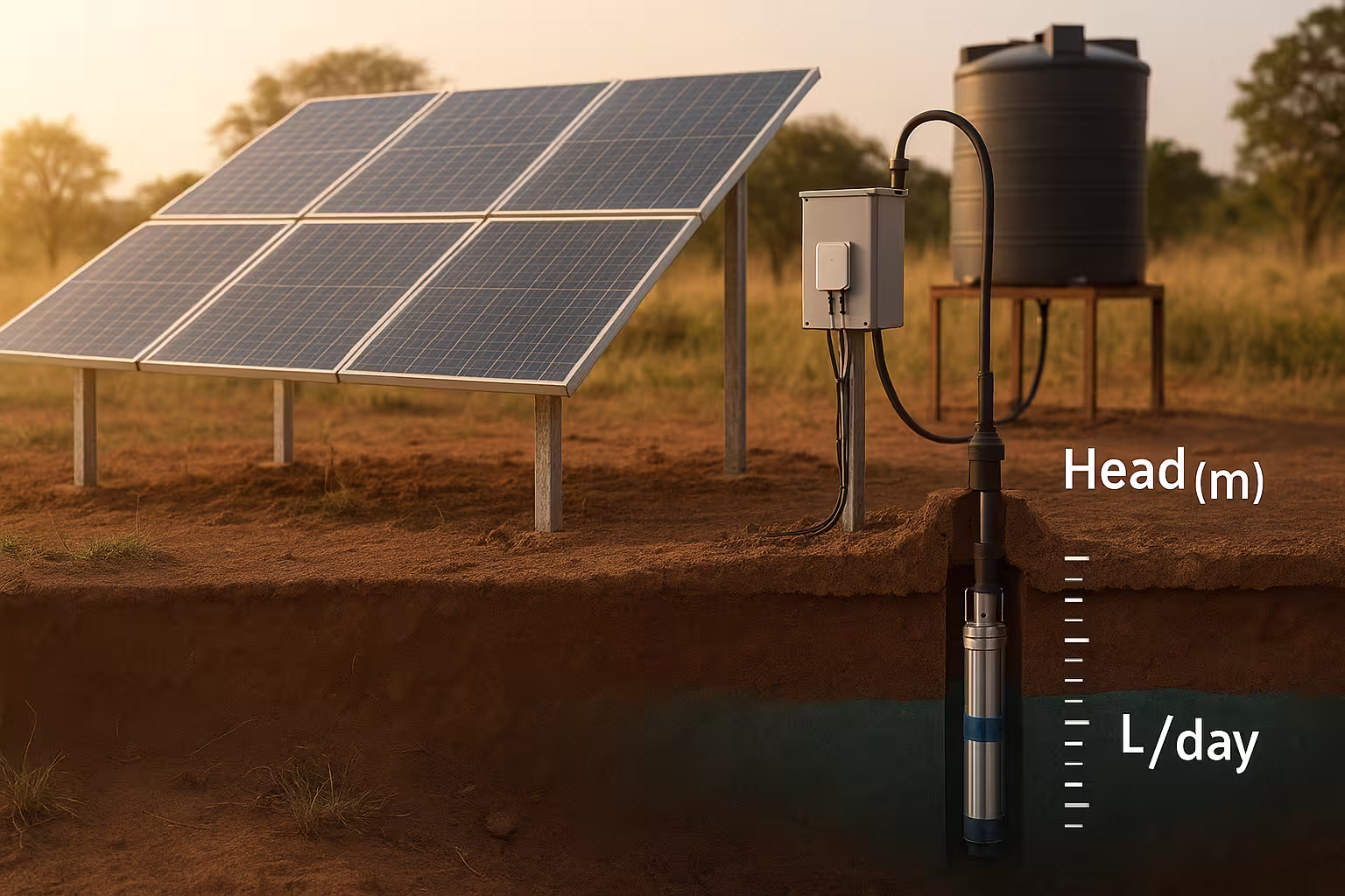 DC submersible solar borehole pump feeding a raised tank in rural Uganda.
