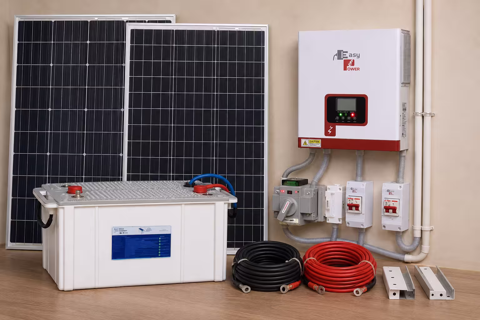 Solar system components including solar panels solar battery and inverter for full home installation in Uganda