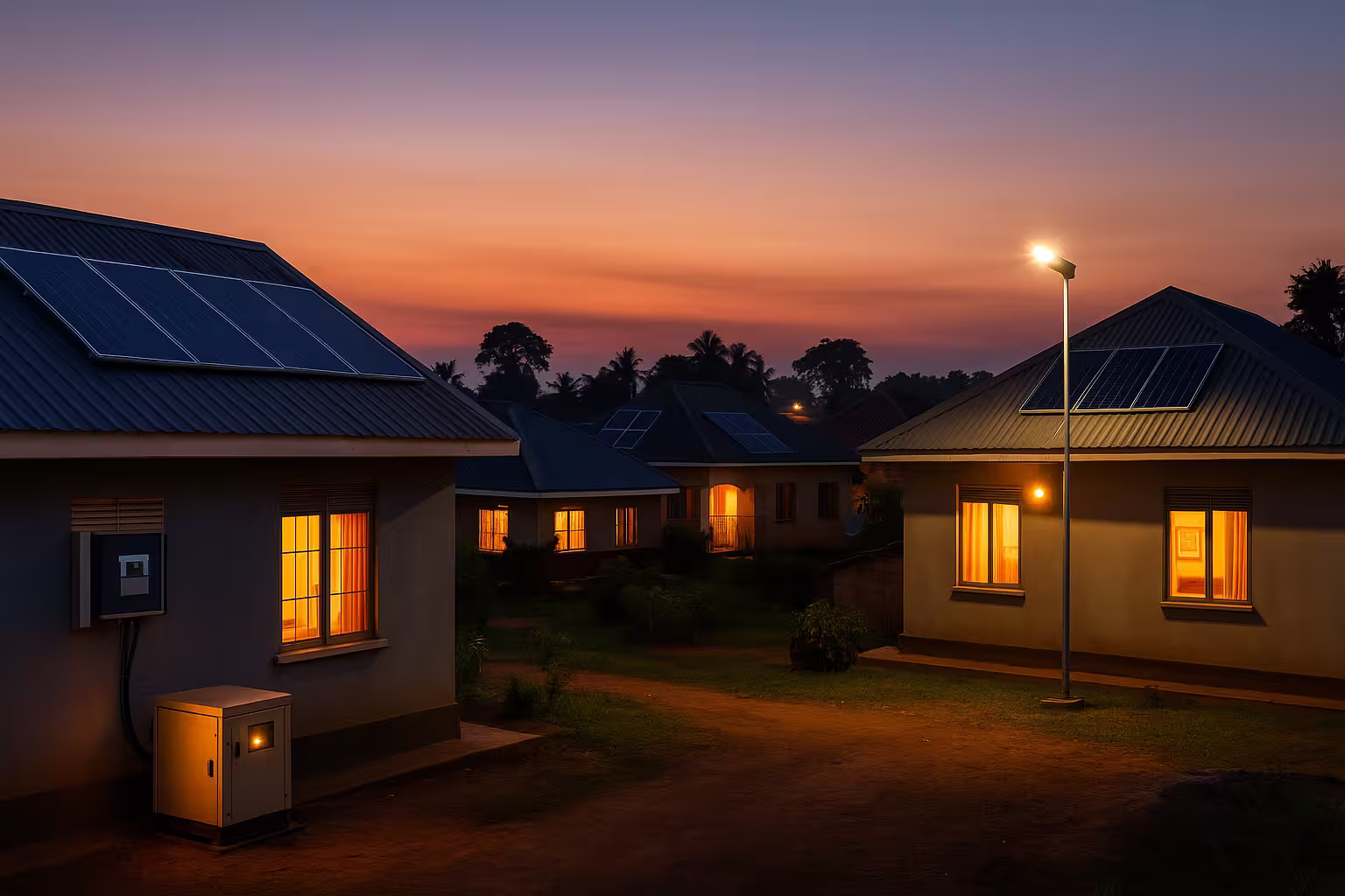 Ugandan homes powered by solar panels, inverter backup and generator at dusk