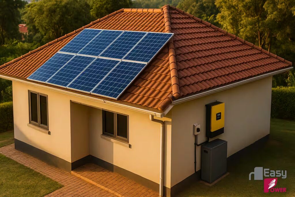 Modern Ugandan home with rooftop solar panels, hybrid inverter, and lithium battery bank at sunset. True definition of a hybrid solar system