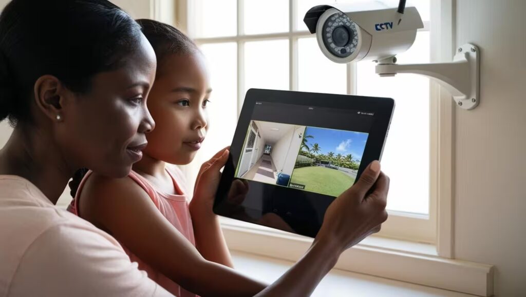 Modern security camera mounted on a home corner