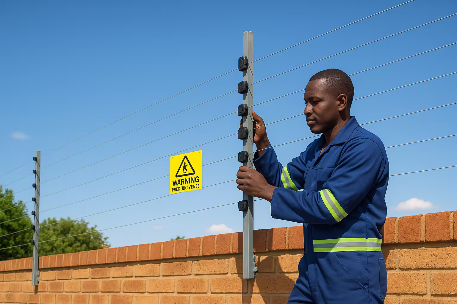 Technician in reflective blue uniform installing electric fence on brick wall in Uganda under clear sky
