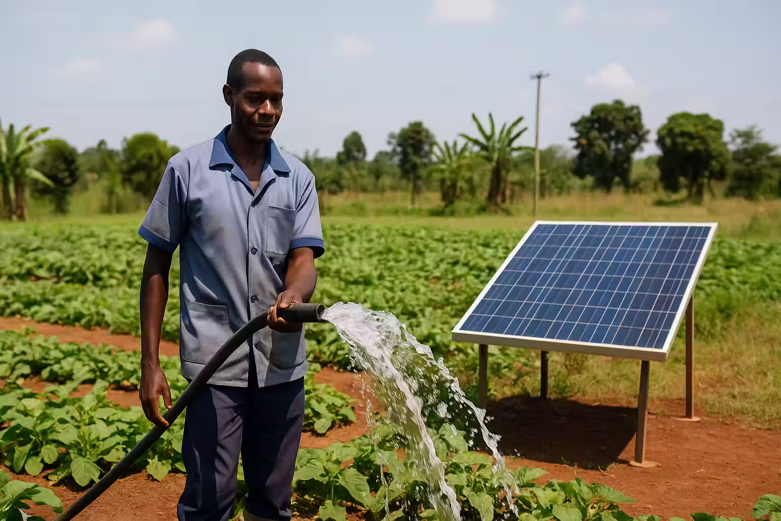 Farmer irrigating crops using a solar water pump system in Uganda