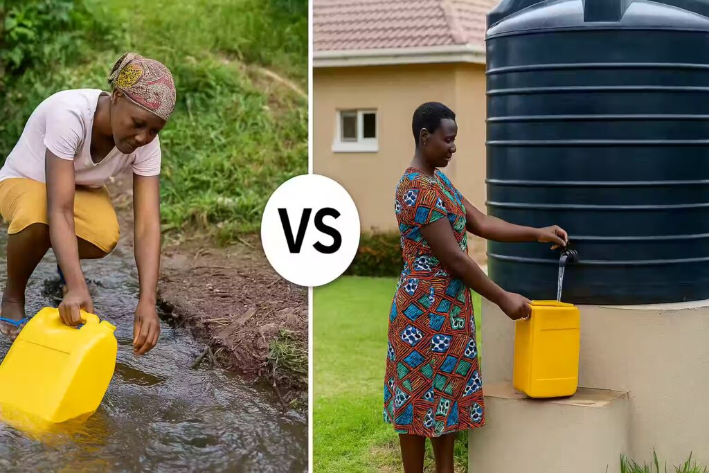 Ugandan farmer fetching water from a stream before installing a solar water pump