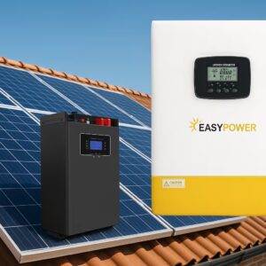 Lithium batteries for solar systems installed on a Ugandan rooftop with Easy Power inverter and solar panels in bright daylight
