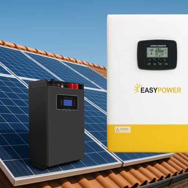 Lithium batteries for solar systems installed on a Ugandan rooftop with Easy Power inverter and solar panels in bright daylight