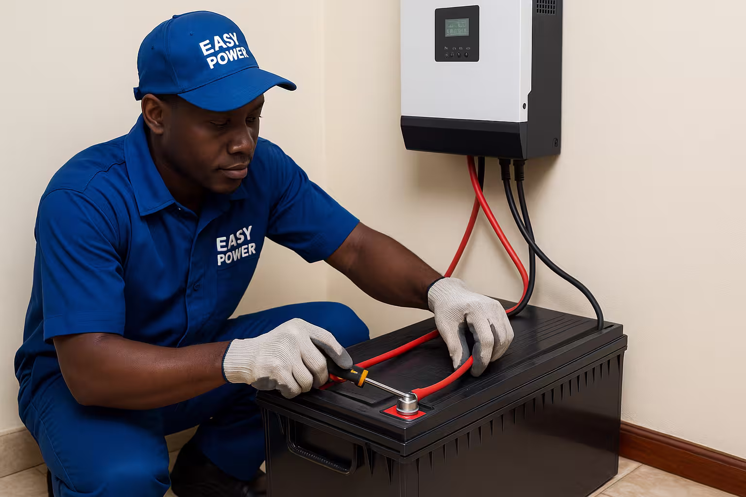 Easy Power technician installing a deep-cycle battery with inverter setup in a Ugandan home