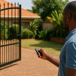“Man using a remote control to open automatic gates for driveway at a Ugandan home