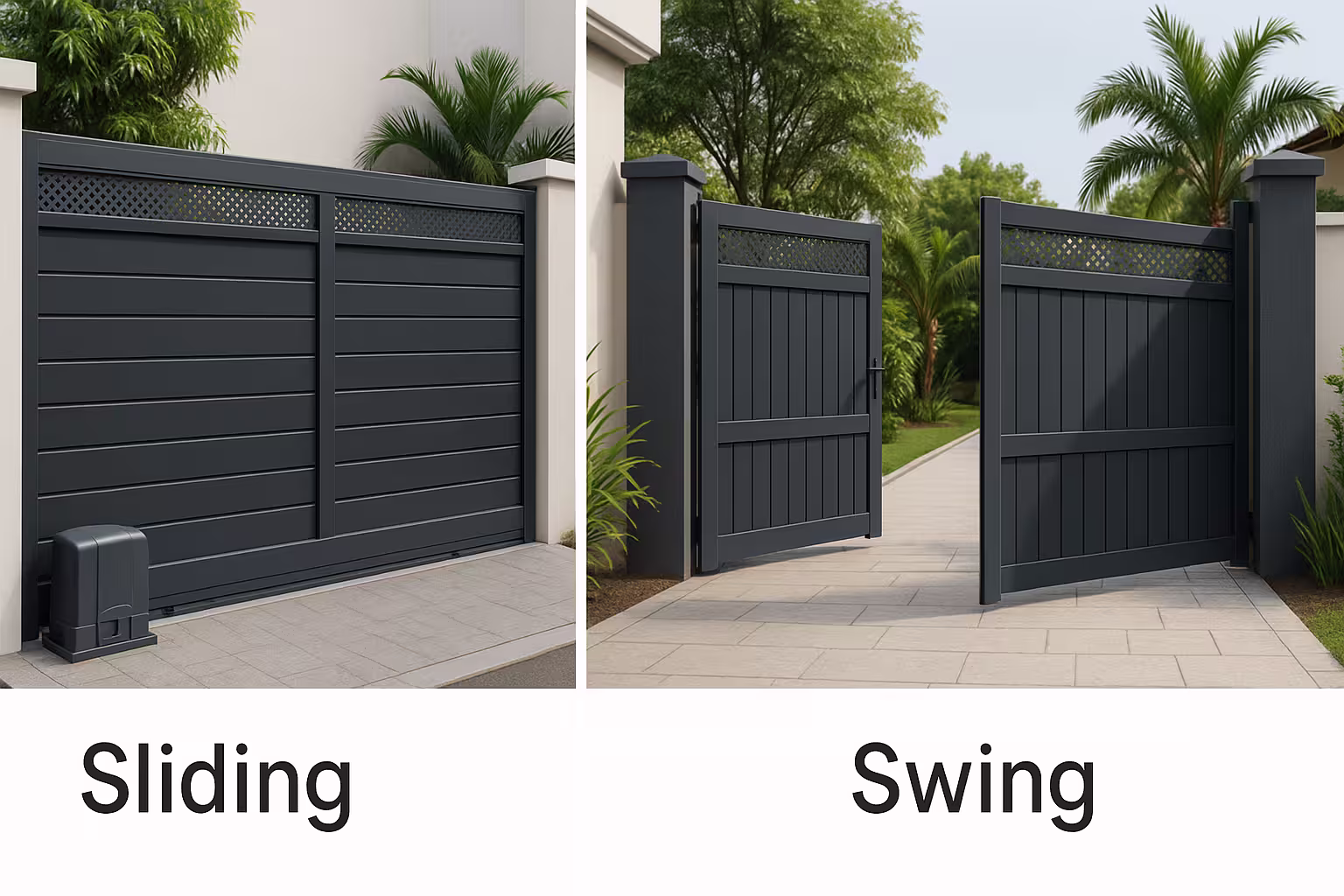Sliding vs swing automatic gate in Uganda infographic by Easy Power.