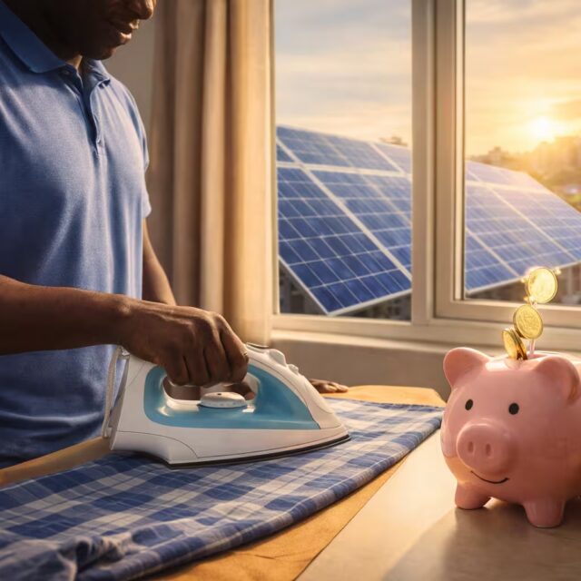 Solar energy in Uganda 2026: Man ironing using a solar system