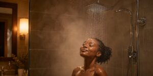 Hotel guest enjoying a reliable hot shower powered by a solar water heater system in Uganda